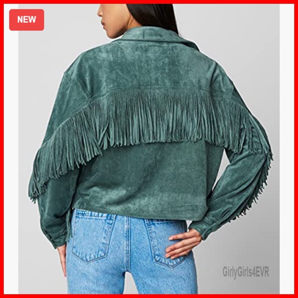 Faux Suede Fringe Jacket, Snap Cuffs, Lightweight, Semi-Fitted - Picture 3 of 7